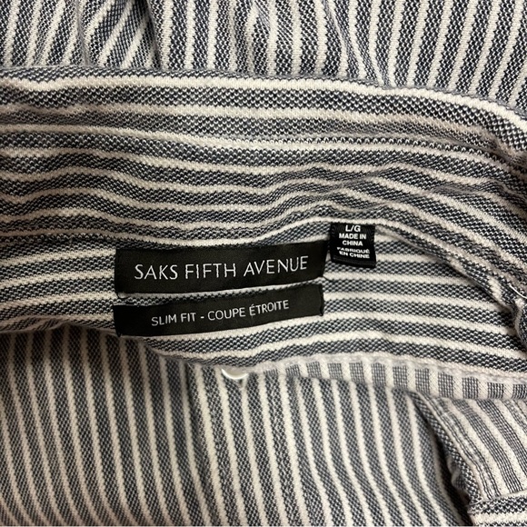 Saks Fifth Avenue Button Down Shirt Women’s Size Large  Grey White‎ Striped Slim - Picture 9 of 10